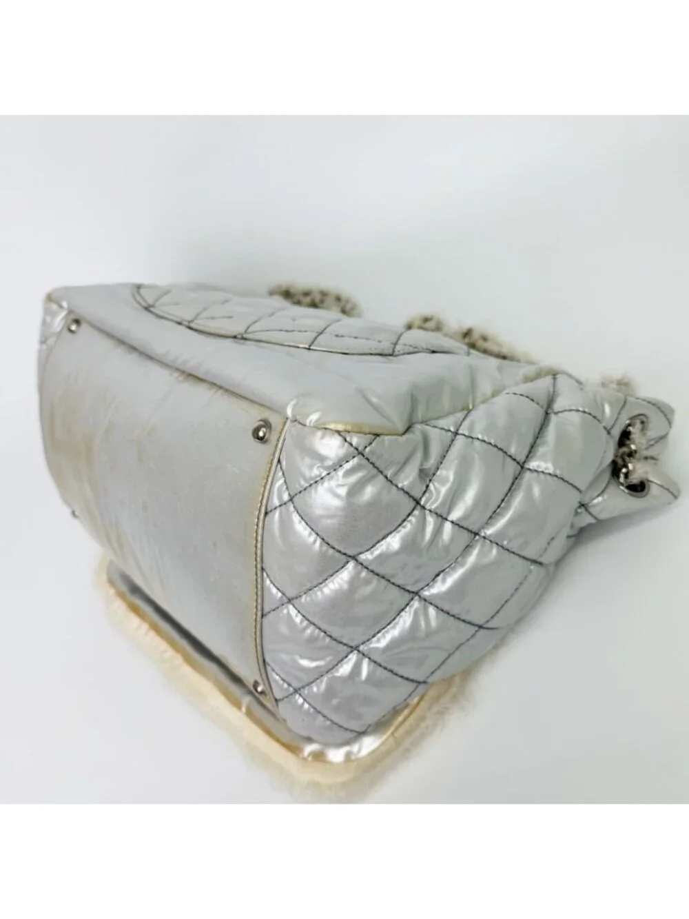 Chanel CC Logo Chain Tote Shoulder Bag Nylon Silver Ivory Seal Vintage